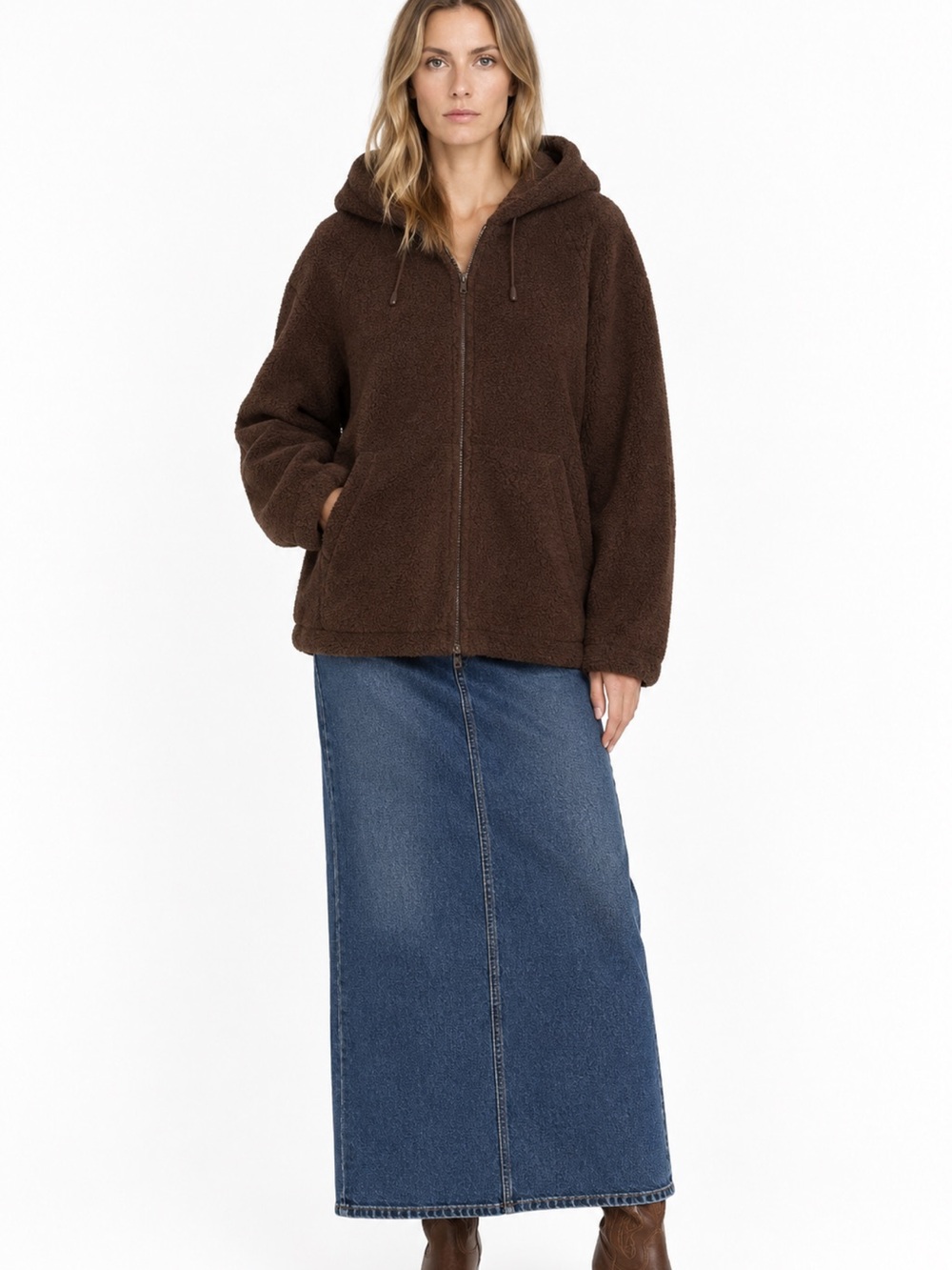 Sandro Paris Teddy Sherpa Hooded Fuzzy Boucle Fleece Jacket Brown Womens Large